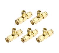 sourcing map 5Pcs T Type SMA Straight Adapters SMA Female to Dual Male Adapter Converter 50 Ohm for Antennas, Signal Monitoring, Test Bench, Wifi Router, Car Navigation, Gold