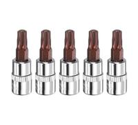 sourcing map 5pcs T30 Torx Bit Socket 1/4" Square Drive Star 6 Point S2 & CR-V Steel Socket Ratchet Wrench Bits, Silver Red