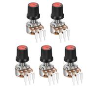 sourcing map 5Set WH148 B10K Ohm Rotary Potentiometer with Switch, 3Pins Linear Taper Pot with Push Button, Red AG3 Knob Cap Nuts Washers for Electric Guitar,Speakers