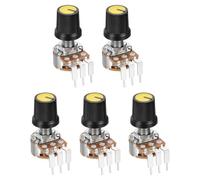 sourcing map 5Set WH148 B5K Ohm Rotary Potentiometer with Switch, 3Pins Linear Taper Pot with Push Button, Yellow AG3 Knob Cap Nuts Washers for Electric Guitar,Speakers
