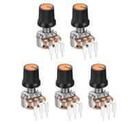 sourcing map 5Set WH148 B5K Ohm Rotary Potentiometer with Switch, 3Pins Linear Taper Pot with Push Button, Orange AG3 Knob Cap Nuts Washers for Electric Guitar,Speakers
