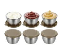 sourcing map 6 Pack 2.8oz Stainless Steel Salad Dressing Containers with Silicone Lids, Reusable Dipping Sauces Cups, Leakproof Condiment Containers for Picnic Travel Kitchen, Brown