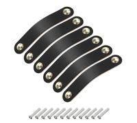 Sourcing Map 6 Pack Black/Gold Leather Drawer Pulls, Double Hole, 14 x 2.5 cm/5.5 x 1 inch, Hole Spacing: 96mm