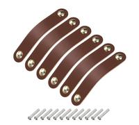 Sourcing Map 6 Pack Brown/Gold Leather Drawer Pulls, Double Hole, 14 x 2.5 cm/5.5 x 1 inch, 96mm Hole Spacing, Zinc Alloy Knobs, Retro Style, Furniture Handles
