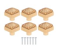 sourcing map 6 Pack Rattan Dresser Knobs, 1.26" Handmade Wicker Woven Drawer Knobs Square Beech Wood Cabinet Knobs with Screws for Furniture Wardrobe Cupboard, Brown