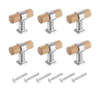 sourcing map 6 Pcs T Bar Wooden Drawer Pulls Wood Single Hole Dresser Drawer Knobs Furniture Dresser Pull Handles with Screws for Home Kitchen Room Closet Cupboard, Wood/Silver