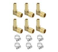 sourcing map 6pcs Brass Hose Barb Fittings, 3/8" Barb x 3/8" NPT Male 90 Degree Brass Elbow Fitting Adapter with Hose Clamps for Water Fuel Air, Mechanical Devices