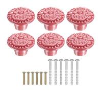 sourcing map 6Pcs Ceramic Knobs, 34mm/1.34" Flower Pattern Mushroom Knob Drawer Pull Handle Vintage Wardrobe Knobs with Screws for Vanity Bedroom Furniture Closet, Red