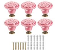 sourcing map 6Pcs Ceramic Knobs, 34mm/1.34" Flower Pattern Mushroom Knob Raised Base Drawer Pull Handle Vintage Wardrobe Knobs with Screws for Vanity Bedroom Furniture Closet, Red