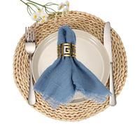 sourcing map 6Pcs Cotton Linen Napkins, 17 x 17 Inch Cloth Napkins Pleated Square with Fringe Washable Reusable Rustic Soft Handmade Cloth Dinner Table Decor for Wedding Party, Morandi Blue