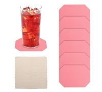 sourcing map 6Pcs PVC Leather Coasters, 5.6x3.9" Irregular Drink Coasters Heat Resistant Water Absorbent Non Slip Cup Mat with Microfiber Cloth for Home Office Kitchen Coffee Table, Dark Pink
