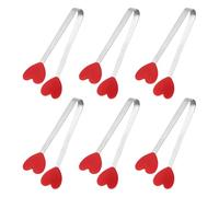 sourcing map 6PCS Silicone Mini Tongs, 12cm/5" Heart Shape Small Food Tongs with Stainless Steel Handle, Non Slip Heat Resistant Tips for Kitchen Sweets Ice Cubes Salad Sugar Fruits, Red