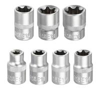 sourcing map 7pcs E-Torx Socket 3/8" Drive E8/E11/E12/E14/E16/E18/E20 Star Metric Socket 1.2" Length External Torx Shallow Sleeve 35K Alloy Steel Chrome 6 Point Spline Sleeve for Auto Repairs