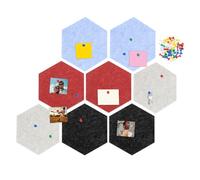 sourcing map 8 Pcs Hexagon Felt Pin Board with 40 Pcs Pushpins 8.7" x 7.5" Self Adhesive Felt Bulletin Board Cork Boards for Walls Paste Notes Photos Schedules, Black/Light Camel/Light Blue/Red
