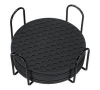 sourcing map 8 Pcs Silicone Coasters with Holder, 4 Inch Round Coaster for Drink, Non-Slip Non-Stick Heat Resistant Place Mats Washable for Cups Tabletop Protection Table Decor, Black