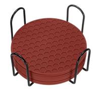 sourcing map 8 Pcs Silicone Coasters with Holder, 4 Inch Round Coaster for Drink, Non-Slip Non-Stick Heat Resistant Place Mats Washable for Cups Tabletop Protection Table Decor, Brown