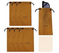sourcing map 8Pcs Flocking Eyeglass Cases 7" x 3.5" Sunglass Case Portable Glasses Pouch with Drawstring Sunglasses Bag with 2 Glasses Cloth for Cleaning Protection, Khaki
