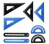 sourcing map 8pcs Triangular Ruler Set 15cm/6" Aluminum Alloy Straight Geometric Protractor Triangle Engineering Scale Drafting Ruler Kit Measuring Drawing Tool for Classroom Office, Blue/Black