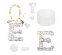 sourcing map Accessories Set for Stanley Tumbler Cup, Initials Decorations for Tumbler Cup 30/40OZ Includes Diamond Straw Cap Letter Keychain Sticker Silicone Base Sleeve Stopper Set, White(E)