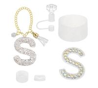 sourcing map Accessories Set for Stanley Tumbler Cup, Initials Decorations for Tumbler Cup 30/40OZ Includes Diamond Straw Cap Letter Keychain Sticker Silicone Base Sleeve Stopper Set, White(S)