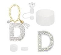 sourcing map Accessories Set for Stanley Tumbler Cup, Initials Decorations for Tumbler Cup 30/40OZ Includes Diamond Straw Cap Letter Keychain Sticker Silicone Base Sleeve Stopper Set, White(D)