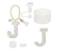 sourcing map Accessories Set for Stanley Tumbler Cup, Initials Decorations for Tumbler Cup 30/40OZ Includes Diamond Straw Cap Letter Keychain Sticker Silicone Base Sleeve Stopper Set, White(J)