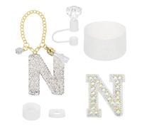 sourcing map Accessories Set for Stanley Tumbler Cup, Initials Decorations for Tumbler Cup 30/40OZ Includes Diamond Straw Cap Letter Keychain Sticker Silicone Base Sleeve Stopper Set, White(N)