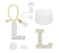 sourcing map Accessories Set for Stanley Tumbler Cup, Initials Decorations for Tumbler Cup 30/40OZ Includes Diamond Straw Cap Letter Keychain Sticker Silicone Base Sleeve Stopper Set, White(L)