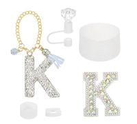 sourcing map Accessories Set for Stanley Tumbler Cup, Initials Decorations for Tumbler Cup 30/40OZ Includes Diamond Straw Cap Letter Keychain Sticker Silicone Base Sleeve Stopper Set, White(K)