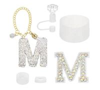 sourcing map Accessories Set for Stanley Tumbler Cup, Initials Decorations for Tumbler Cup 30/40OZ Includes Diamond Straw Cap Letter Keychain Sticker Silicone Base Sleeve Stopper Set, White(M)