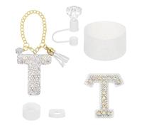 sourcing map Accessories Set for Stanley Tumbler Cup, Initials Decorations for Tumbler Cup 30/40OZ Includes Diamond Straw Cap Letter Keychain Sticker Silicone Base Sleeve Stopper Set, White(T)