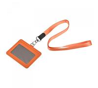sourcing map Badge Holder 10.4cm Horizontal PU Leather ID Holder with 2 Card Slots and Detachable Neck Lanyard Orange for ID Name Tag Access Card
