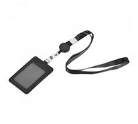 sourcing map Badge Holder 11cm Vertical PU Leather ID Holder with 2 Card Slots and Retractable Neck Lanyard Black for ID Name Tag Access Card