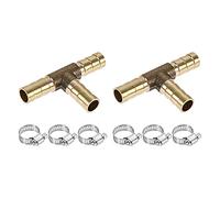 sourcing map Barb Hose Fitting 8mm OD Tee T Shape Pipe Connector Brass 2Pcs with 6Pcs 6-12mm Hose Clamps