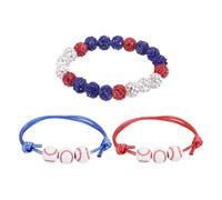 sourcing map Baseball Bracelet, 7" Bling Rhinestone Beaded Baseball Chain with 2 Adjustable Wax Cord Bracelet for Men Women Players, Red/Sapphire, Pack of 4