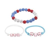 sourcing map Baseball Bracelet, 7" Bling Rhinestone Beaded Baseball Chain with 2 Adjustable Wax Cord Bracelet for Men Women Players, Light Blue/Red, Pack of 4