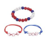 sourcing map Baseball Bracelet, 7" Bling Rhinestone Beaded Baseball Chain with 2 Adjustable Wax Cord Bracelet for Men Women Players, Red/Blue/White, Pack of 4