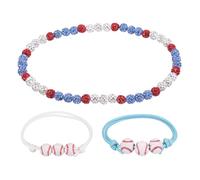 sourcing map Baseball Necklace, 18" Bling Rhinestone Beaded Baseball Necklace with 2 Adjustable Wax Cord Bracelet for Men Women Players, Light Blue/Red, Pack of 3