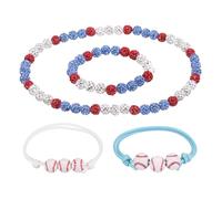 sourcing map Baseball Necklace Set, 7" Bling Rhinestone Beaded Baseball Chain Bracelet 18" Necklace with 2 Adjustable Wax Cord Bracelet for Men Women Players, Light Blue/Red, Pack of 4