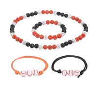 sourcing map Baseball Necklace Set, 7" Bling Rhinestone Beaded Baseball Chain Bracelet 18" Necklace with 2 Adjustable Wax Cord Bracelet for Men Women Players, Orange/Black, Pack of 4