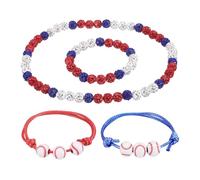 sourcing map Baseball Necklace Set, 7" Bling Rhinestone Beaded Baseball Chain Bracelet 18" Necklace with 2 Adjustable Wax Cord Bracelet for Men Women Players, Red/Blue/White, Pack of 4