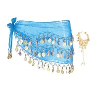 sourcing map Belly Dance Hip Scarf 55x10, 1 Pack Women's Belly Dance Costume Skirt Wrap with 98 Gold Coin & Bracelet for Dance or Yoga Class, Sky Blue