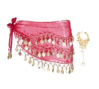 sourcing map Belly Dance Hip Scarf 55x10, 1 Pack Women's Belly Dance Costume Skirt Wrap with 98 Gold Coin & Bracelet for Dance or Yoga Class, Rose Red