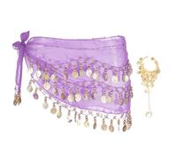 sourcing map Belly Dance Hip Scarf 55x10, 1 Pack Women's Belly Dance Costume Skirt Wrap with 98 Gold Coin & Bracelet for Dance or Yoga Class, Light Purple
