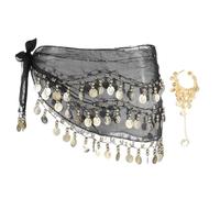 sourcing map Belly Dance Hip Scarf 55x10, 1 Pack Women's Belly Dance Costume Skirt Wrap with 98 Gold Coin & Bracelet for Dance or Yoga Class, Black