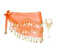 sourcing map Belly Dance Hip Scarf 55x10, 1 Pack Women's Belly Dance Costume Skirt Wrap with 98 Gold Coin & Bracelet for Dance or Yoga Class, Orange