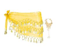 sourcing map Belly Dance Hip Scarf 55x10, 1 Pack Women's Belly Dance Costume Skirt Wrap with 98 Gold Coin & Bracelet for Dance or Yoga Class, Yellow