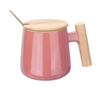 sourcing map Ceramic Coffee Mug 12.85 Oz Simple Wooden Handle Large Tea Cup Handmade Ceramic Mugs Gift Set with Lid and Spoon for Office Kitchen Home and Gifts for Women and Men, Pink