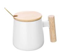 sourcing map Ceramic Coffee Mug 12.85 Oz Simple Wooden Handle Large Tea Cup Handmade Ceramic Mugs Gift Set with Lid and Spoon for Office Kitchen Home and Gifts for Women and Men, White