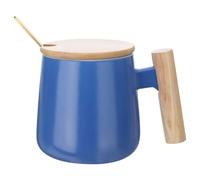 sourcing map Ceramic Coffee Mug 12.85 Oz Simple Wooden Handle Large Tea Cup Handmade Ceramic Mugs Gift Set with Lid and Spoon for Office Kitchen Home and Gifts for Women and Men, Blue